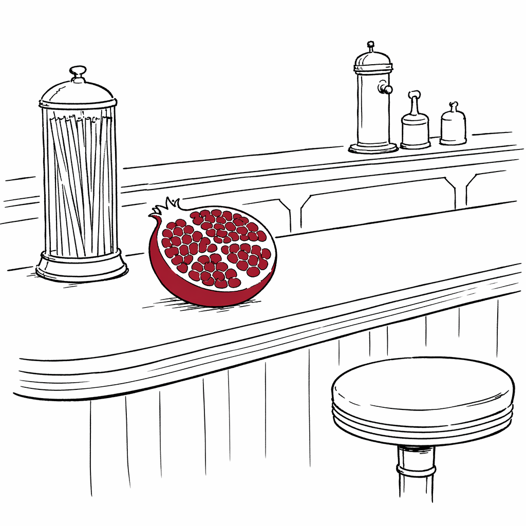 Line-art illustration of a bar counter with a halved pomegranate and a soda syphon